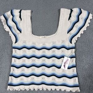 Jessica Simpson Y2K Crochet Flutter Sleeve Striped Top Cream Blue XL Boho NWT
